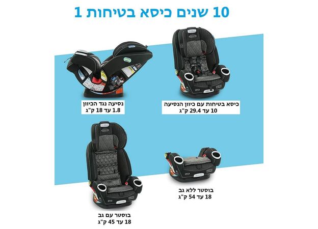 כיסא בטיחות משולב בוסטר 4 אבר 4Ever DLX Platinum עם פטנט קשירה EZ Tight - אפור Hurley גרקו