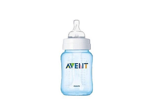 בקבוק האכלה קלאסיק כחול ללא בספינול 260 מ"ל +Avent 1M אוונט לבן בלבד