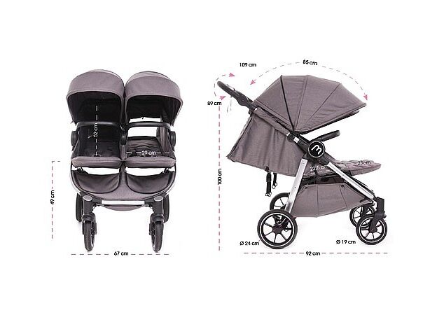 עגלת תאומים צרה בייבי מונסטרס Easy Twin 4 עם מדרך רגלים מכוונן (בד בסיס אפור) Baby Monsters